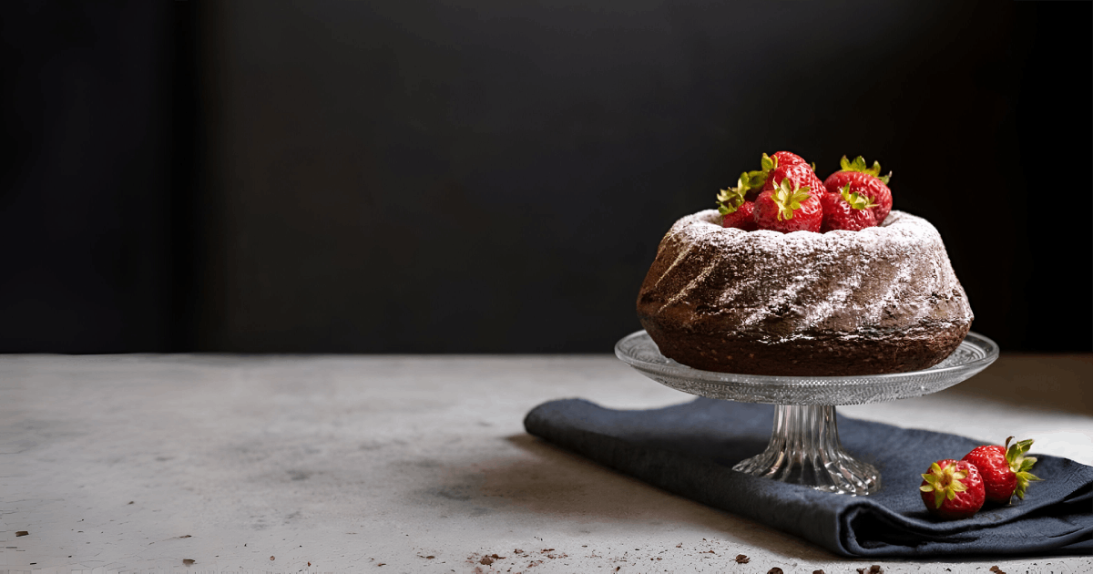 Pastel artesanal hecho a mano decorado con frutas frescas sobre una mesa de madera.
